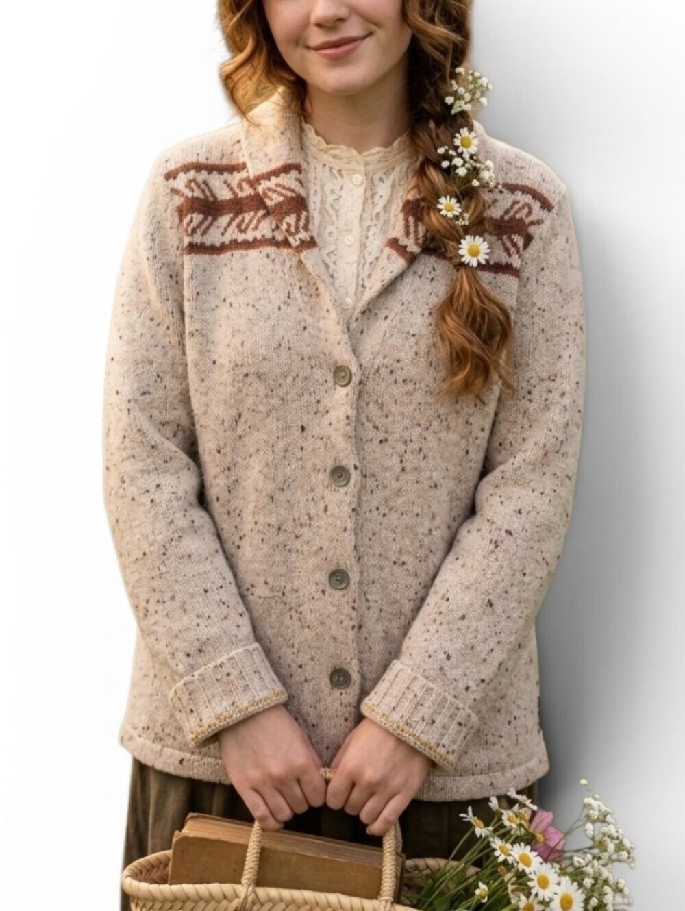 Woolrich Vintage Cottagecore Knit Cardigan Sweater Oatmeal Fleck Geometric Women